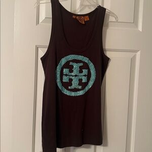 Tory Burch Sz L Dark Brown Tank with Teal Logo